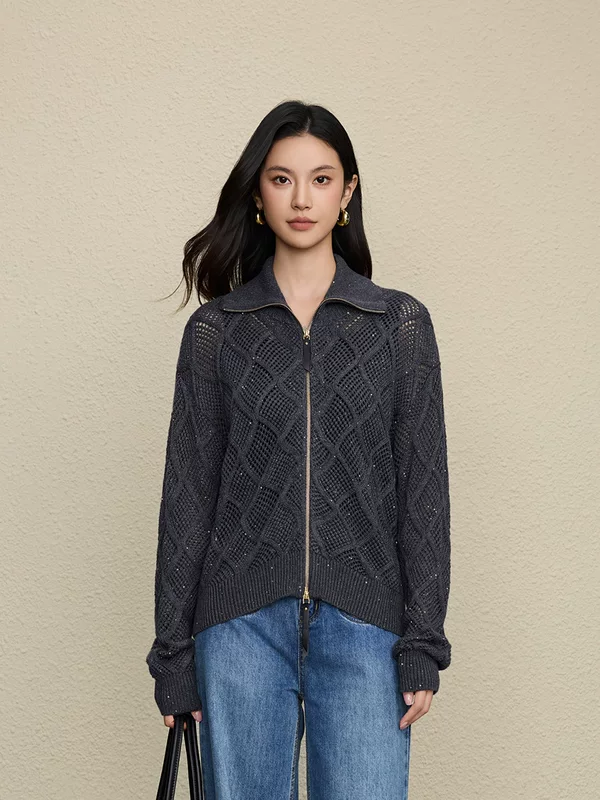 Woolen woven knitted cardigan with diamond pattern with zipper, solid jacket, bright catchy style