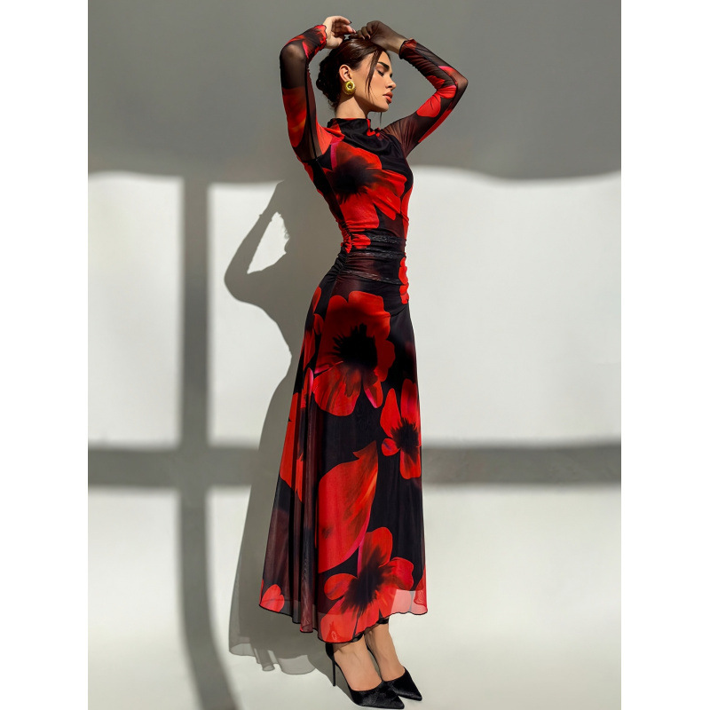 2026 Summer New European and American Amazon Independent Station Red Tie-Dye Mesh Print Long Dress for Women