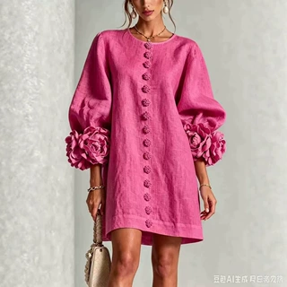 2026新款碎花纽扣迷你连衣裙配以醒目的碎花袖口欧美独立站027