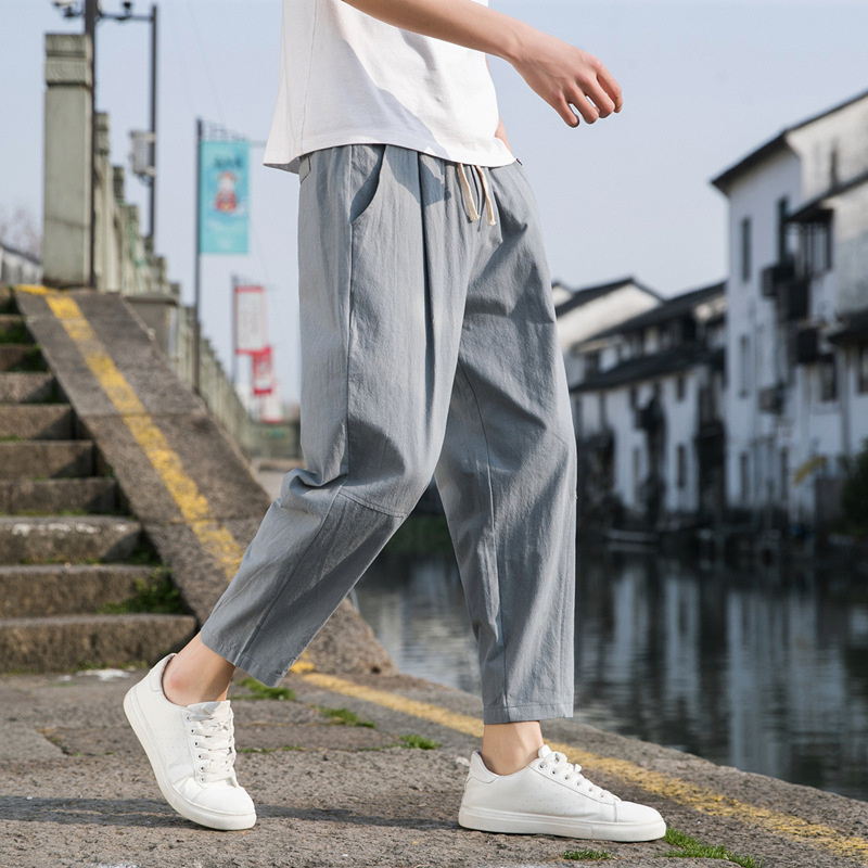 New Chinese Style Cotton and Linen Pants Men's Summer Thin Loose Wide Leg Pants Cotton and Linen Harlan Casual Pants Simple Ankle-length Pants for Men