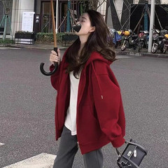 超显白纯色连帽卫衣女秋冬季加绒加厚宽松慵懒ins风拉链开衫外穿