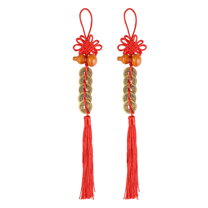 Factory wholesale peach wood gourd brass Five Emperor coins pendant, small Chinese knot imitation copper coins creative home hanging ornament