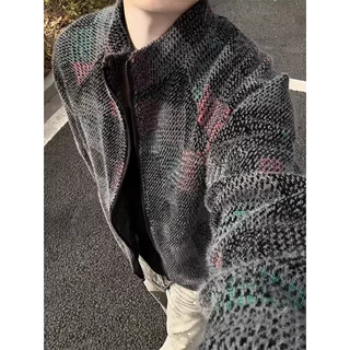 彩色格子绒面开衫外套男春cleanfit休闲针织卫衣美式复古立领夹克