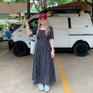 大码加长法式气质显瘦方领短袖印花连衣裙夏高个子熟女脚踝长裙子