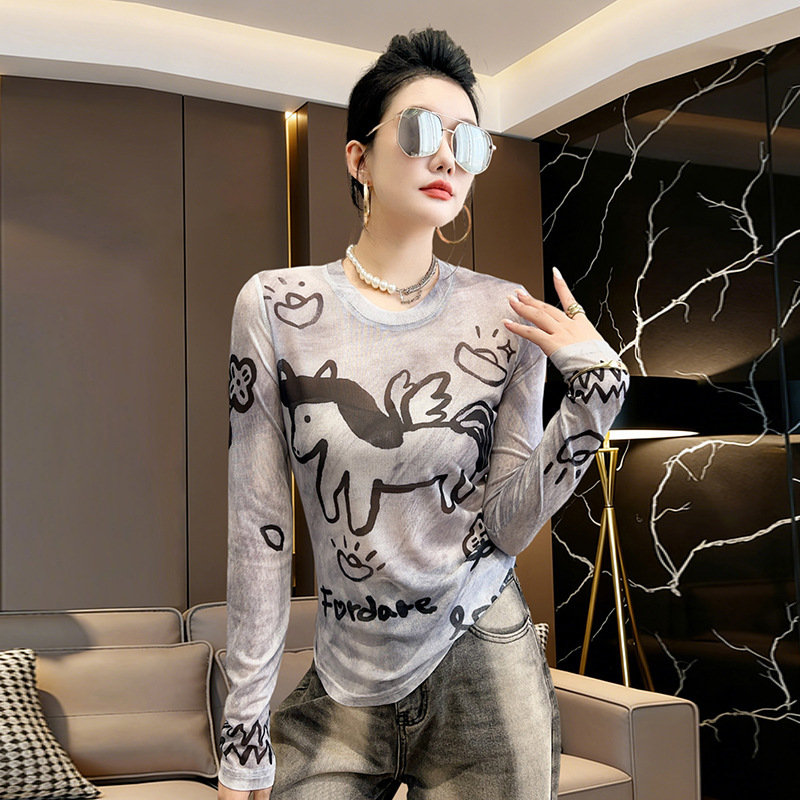 European Station 2026 Summer Yuanbao Fortune Horse Print Mesh Long Sleeve T-Shirt, Beautiful and Youthful Style, Sun Protection Base Shirt European Station 2026 Summer Yuanbao Fortune Horse Print Mesh Long Sleeve T-Shirt, Beautiful and Youthful Style, Sun Protection Base Shirt