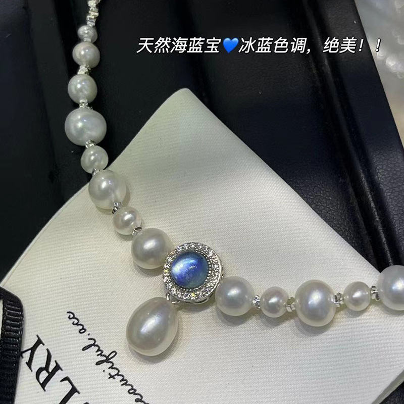 海蓝宝吊坠碎银子珍珠项链s925纯银时尚轻奢天然淡水珍珠锁骨链女