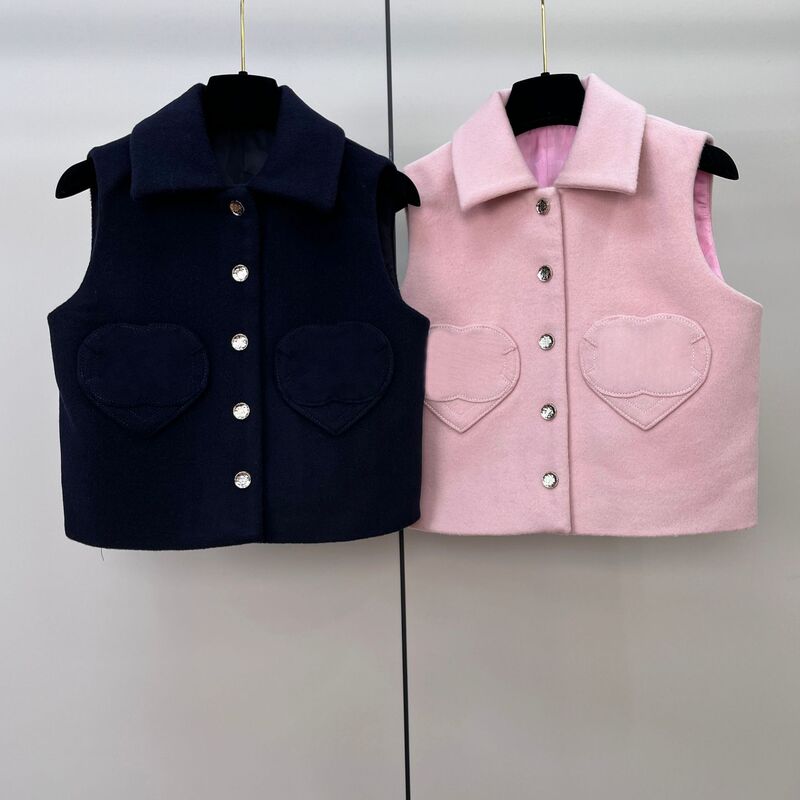 French-Style Small Fragrant Wool Heart Pocket Lapel Vest Petite Fashionable Wool Sleeveless Short Jacket Top