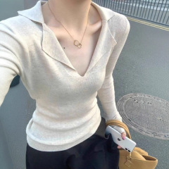 v领正肩针织衫毛衣长袖T恤女2025早春秋新款翻领修身内搭打底衫薄
