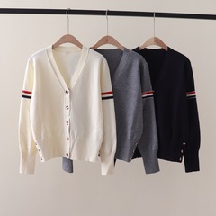 秋冬新作TBカレッジスタイルダブルスリーブウェビングVネック長袖ニットカーディガンセータージャケットゆったりスリム