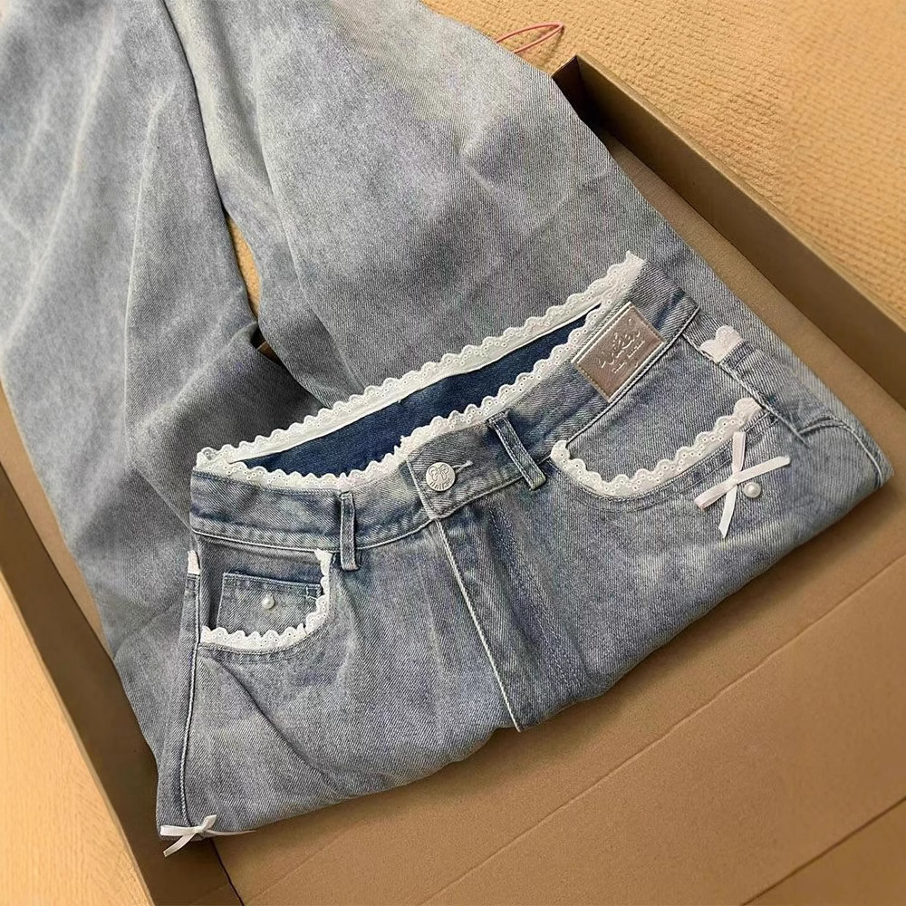 Lace Bow Light Blue Jeans Women's Velvet 2024 New Loose Straight Floor-Length Wide-Leg Pants
