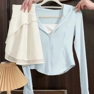 Milk Blue Slim-Fitting Sun Protection Clothing for Women Summer 2025 New Ice Silk Cardigan Blue Jacket Waist Top for Women