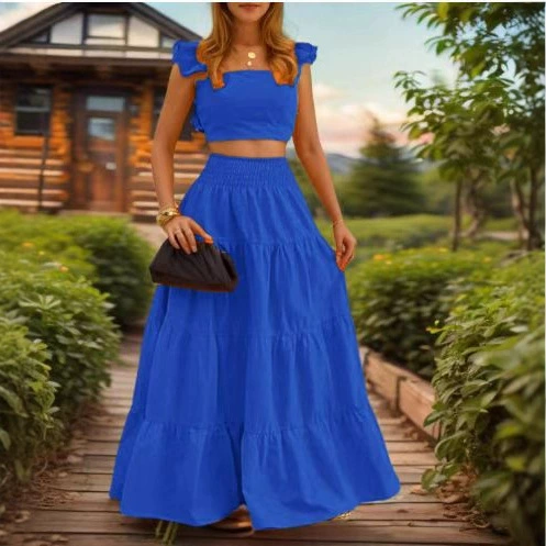 2024 весенний европейский и американский трансграничный новый стиль, сексуальное однотонное расклешенное платье из двух частей со средней талией и ремешком.