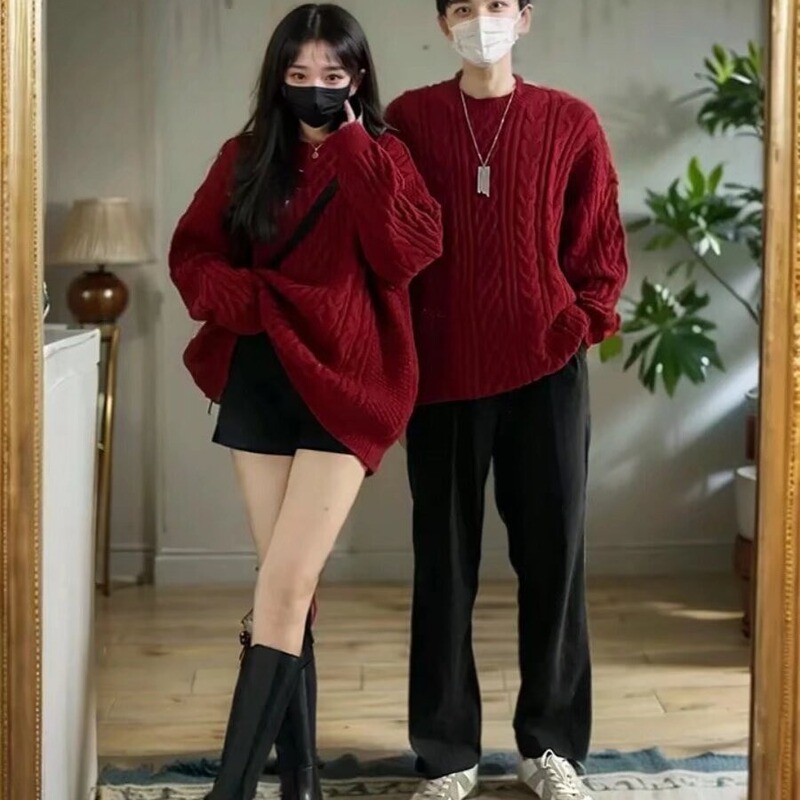 Year of birth red sweater men's and women's new Spring Festival pullover Cherry clothes couple wear festive New Year sweater