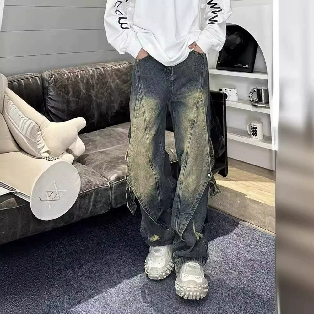 Новый американский стиль High Street vibe ретро тяжелая промышленность старые джинсы мужские сшитые прямые широкие брюки онлайн весна