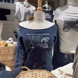 BM风美式一字领吉他手字母印花长袖T恤女bm显瘦百搭休闲上衣