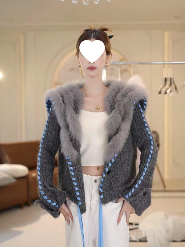 2025秋冬新款海军领毛衣皮草外套女短款拼接狐狸毛毛开衫飘带款|undefined