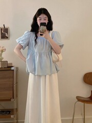 大きいサイズの女装の夏服はセットの肩の半袖の上着を組み合わせて痩せています。