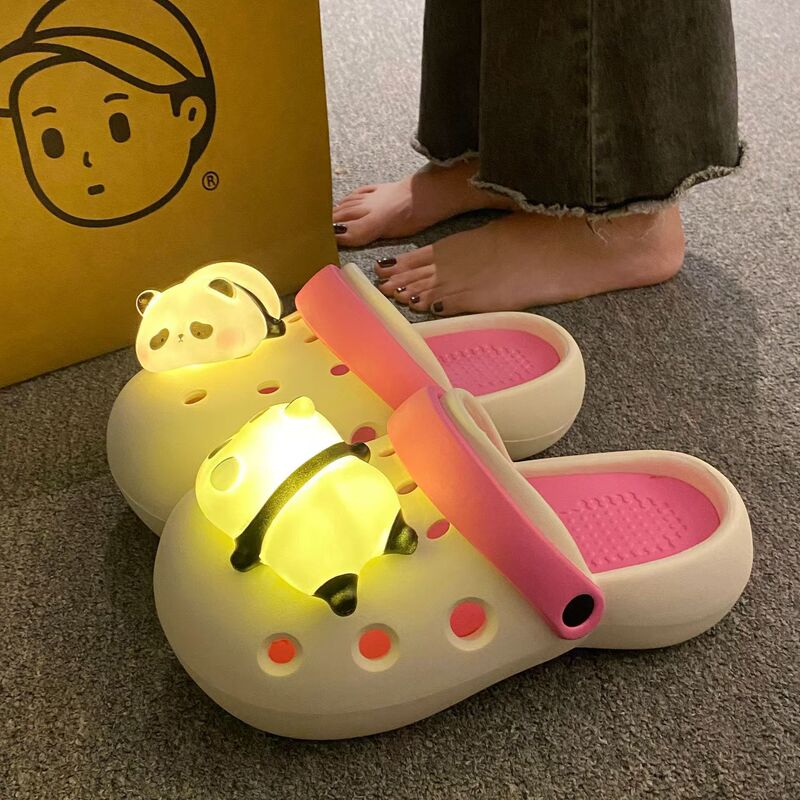 New Luminous Panda Lamp Hole Shoes with Lamp Personality Fashion Women's Slippers Summer Outer Wear Thick-soled Height-increasing Women's