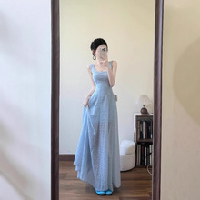 质量  夏季蓝色法式吊带连衣裙女气质收腰显瘦a字海边度假裙