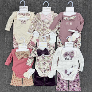 Cross-border Europe and the United States newborn jumpsuit four-piece set long sleeve bow hair band suit