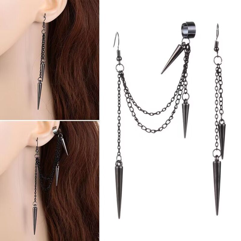 Cross-border New Retro Long and Short Rivet Earrings Ear Clips European and American Fashion Gothic Punk Tassel Ear Studs
