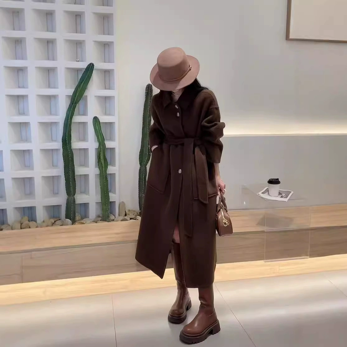 2024 повседневные классические ленивые двухсторонние шерстяные пальто женские корейские свободные шнуровки длинные шерстяные пальто