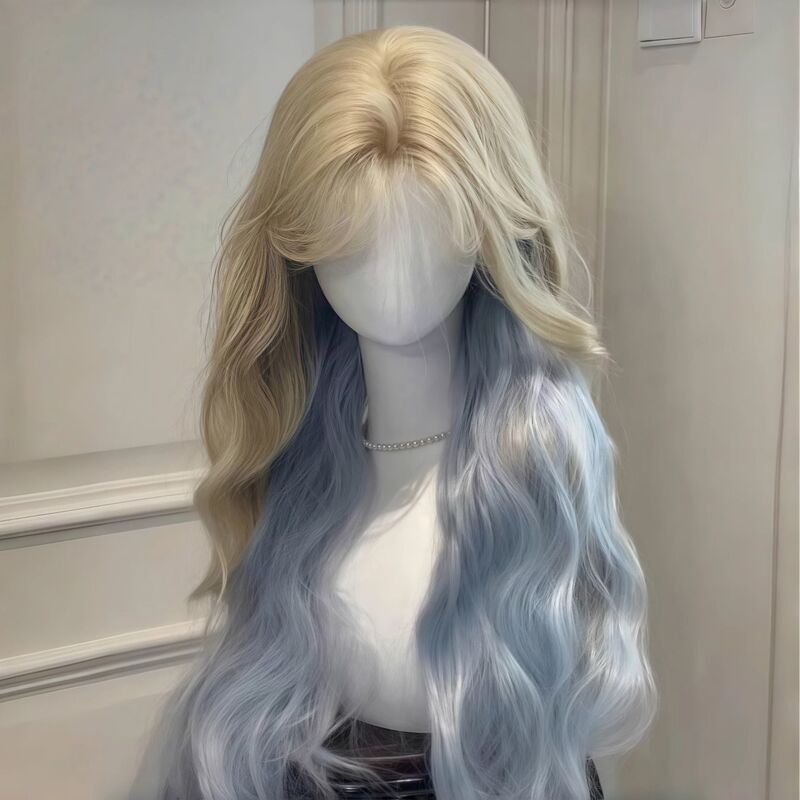 Wig with Long Curly Hair, Blue Gradient Goddess with Big Waves, Internet Celebrity Style, Elegant, Natural Full Headgear