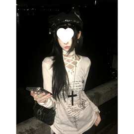 街头风长袖恤女美式复古印花设计感绑带打底衫纯欲风上衣女潮