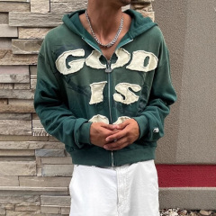 アメリカンヒップホップ冬パーソナライズストリートレターステッカージッパートレンドフード付きルーズカーディガンスウェットシャツ男性と女性用