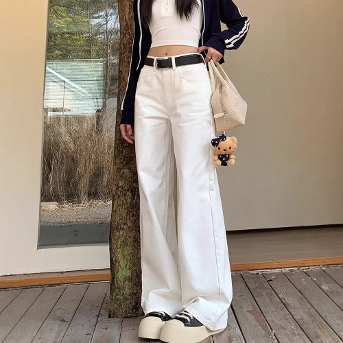 White wide-leg loose women's high-waisted slimming versatile straight-leg pants with a draping effect
