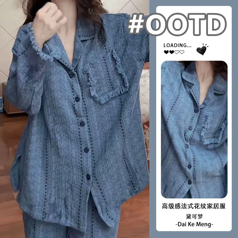 Pajamas for Women in Spring and Autum, Cloud Cotton with Breast Pads, Long-Sleeved Lapel Home Clothes, High-End Korean Style Casual Hot Style Suits