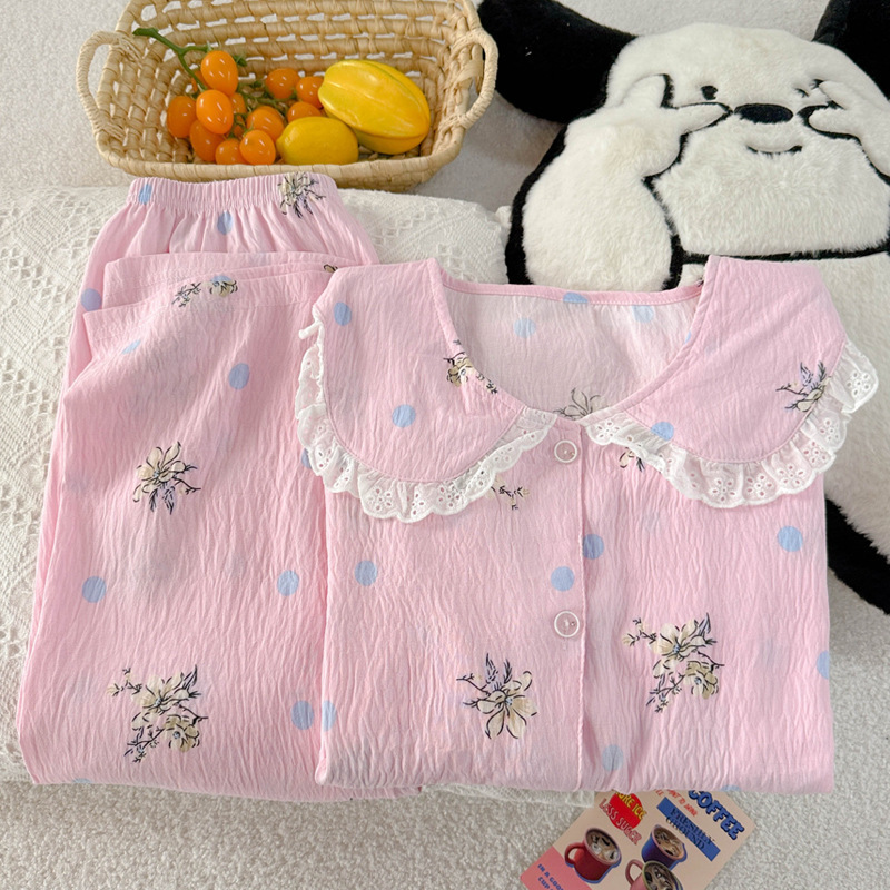 High-End Floral Sweet Cloud Cotton Pajamas for Women Spring and Autumn Doll Collar Lace Home Clothes Set Real Shot Wholesale High-End Floral Sweet Cloud Cotton Pajamas for Women Spring and Autumn Doll Collar Lace Home Clothes Set Real Shot Wholesale