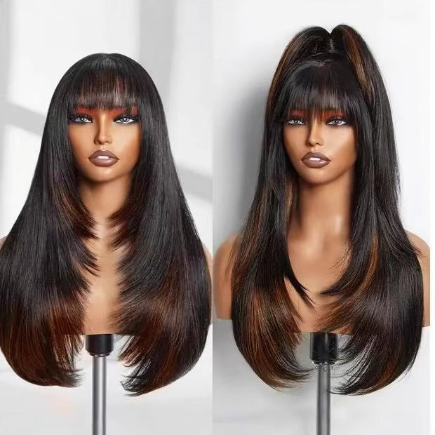 八字型前髪ミディアムレングスストレートヘアヨーロッパとアメリカの知的ウィッグ女性用機械製ゴールデン化学繊維ヘッドギアレイヤードウィッグ|undefined