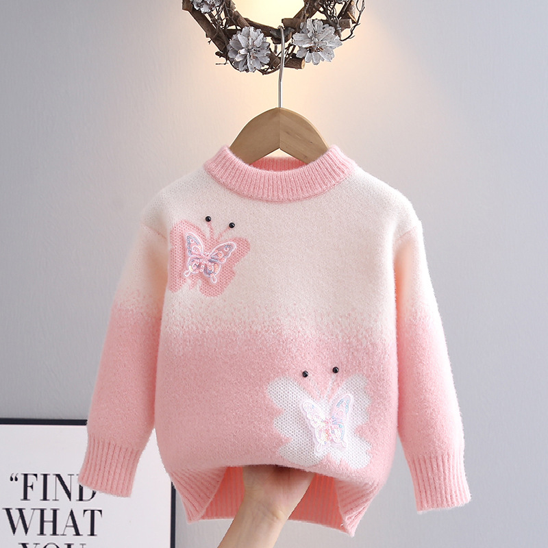 Girls' sweater, thickened for autumn and winter, new Korean style, velvet, butterfly design.