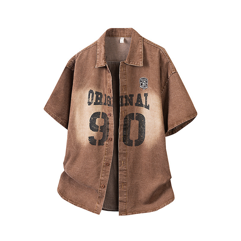 2025 American Retro Distressed Washed Shirt Men's Denim Short-Sleeved Casual Versatile Digital Printed Shirt Jacket Trendy