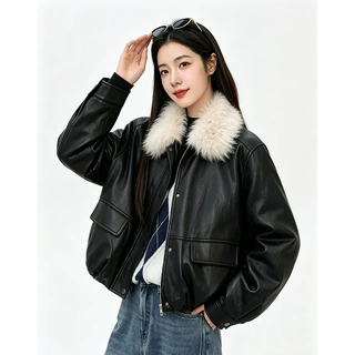 加绒皮衣外套女冬季港风复古机车皮夹克内里獭兔毛派克服短款上衣