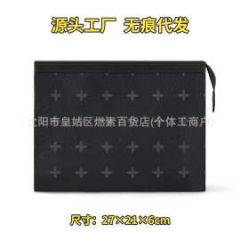 新款真皮男士手拿包版本潮流新款休闲牛皮经典老花洗漱包大容量潮