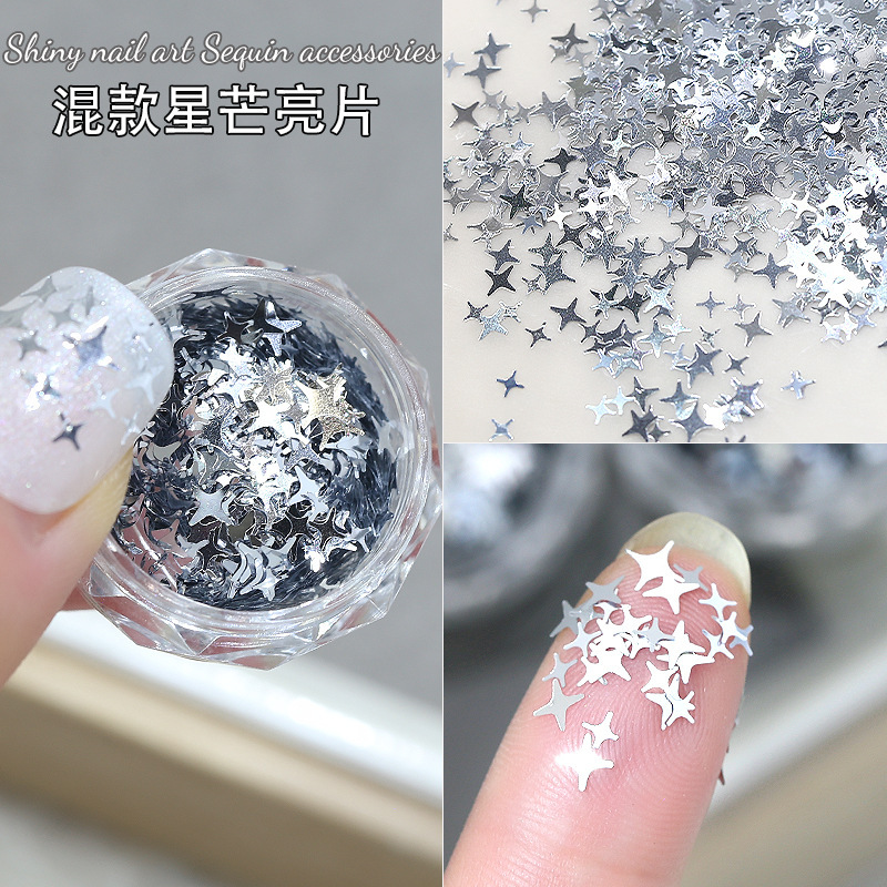 Internet Celebrity New Japanese Style Silver Four-Pointed Star Sequin Nail Art Accessories Sparkling Star Fairy Nail Patch Decoration