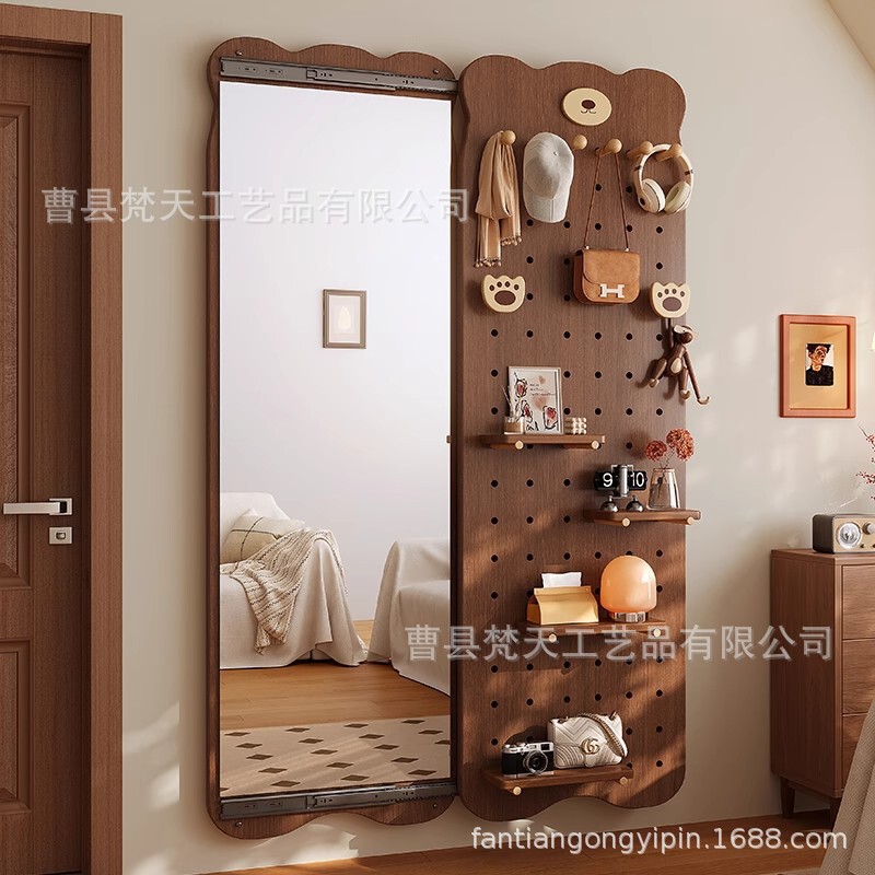 Solid Wood Pegboard Dressing Mirror, Hidden Full-Length Mirror, Sliding and Closable Wall-Mounted Rack, Entryway Fitting Mirror Stand