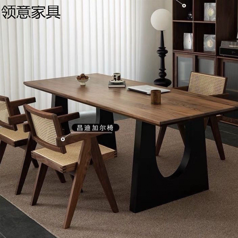 实木餐桌胡桃木色客厅大长书桌工作台大板餐书桌一体会议办公桌|undefined