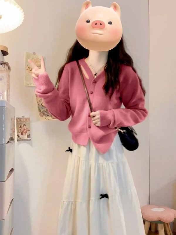 温柔风甜美粉色针织毛衣女2025秋冬新款气质显瘦上衣半身裙两件套|undefined