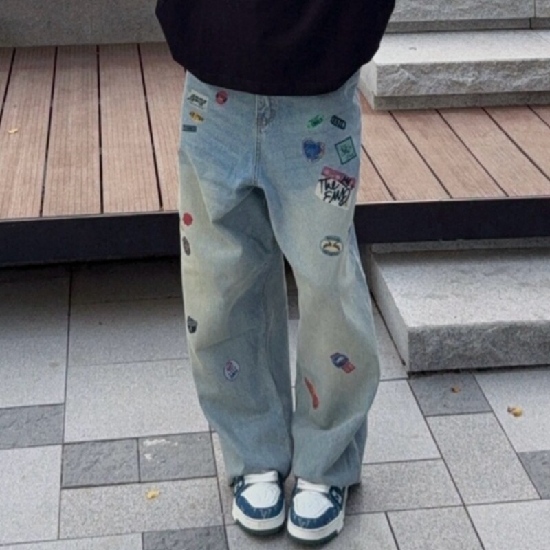 衣斯顿美式阔腿宽松标签拼色牛仔裤男潮牌设计感小众裤子男女同款|undefined