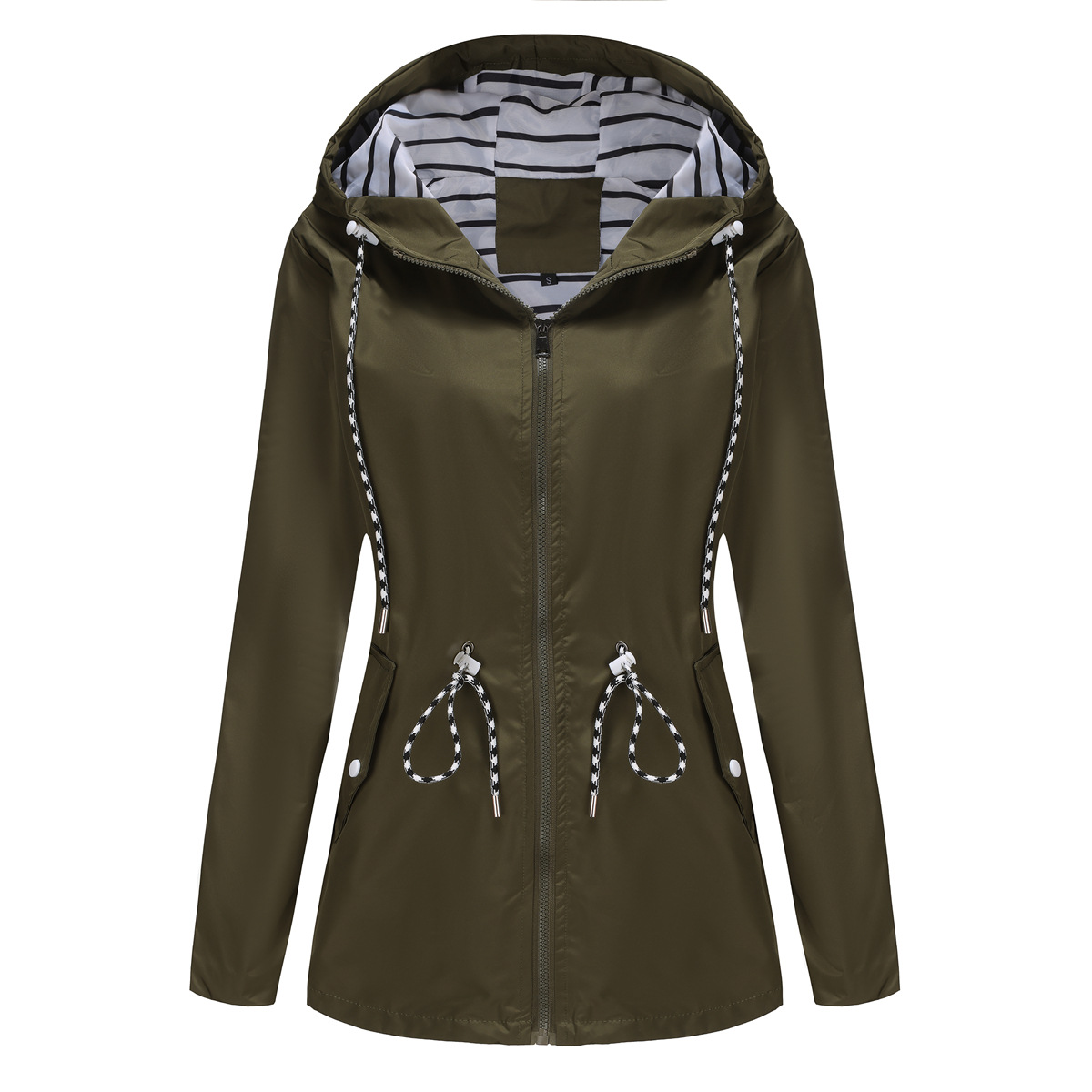 nieuwe lange mouwen anti-spatwater lange windjack dames capuchon gestreepte regenjas cross border plus size dameskleding_voghion.com