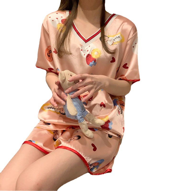 Pijamas de verano de las mujeres de manga corta de seda sexy verano de las mujeres más tamaño V-cuello desgaste del hogar de dos piezas de seda de hielo pantalones cortos traje