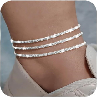 European and American Cross-Border Fashion Cuban Chain Twist Chain Multi-Piece Anklet Sparkling Caterpillar Chain Ankle Chain Jewelry