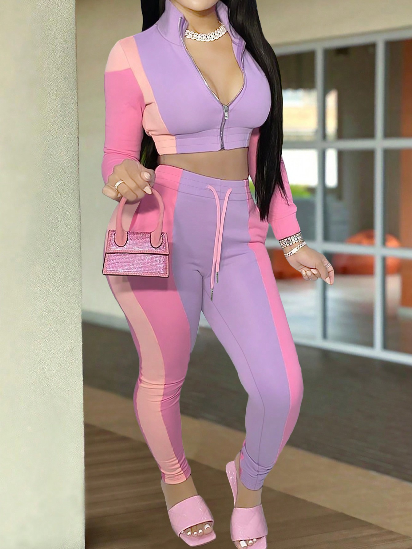 Women's Color Block Two Piece Set Casual Spring Autumn Jacket & Trousers Stylish Clothing Regular Fit Summer Wear_ecoleips.com
