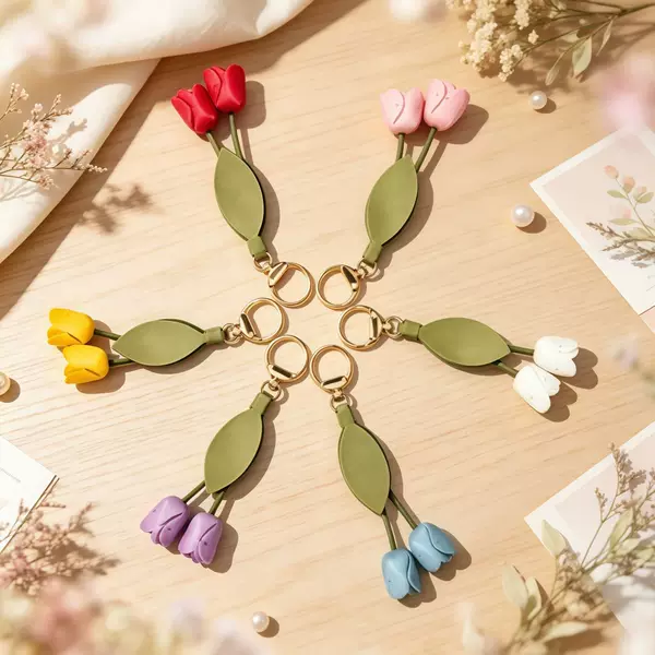 New cross-border DIY handmade PU leather tulip keychain, cute and personalized bag pendant, floral decoration