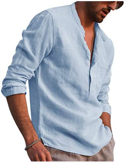 Herren Casual Hemd Mit V-ausschnitt Aus Baumwolle Und Leinen_voghion.com