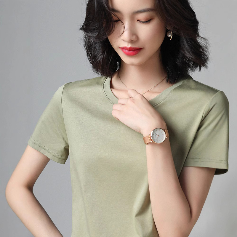 Summer short sleeve T-shirt women's 80 mercerized cotton crew neck V-neck white slim high-end slim half sleeve bottoming new Summer short sleeve T-shirt women's 80 mercerized cotton crew neck V-neck white slim high-end slim half sleeve bottoming new