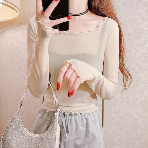 Women's Long Sleeve Autumn Thin Knit Lace Blouse with Round Neck, Close-Fitting Top with Edible Fungus Edge Mesh Grounding Shirt